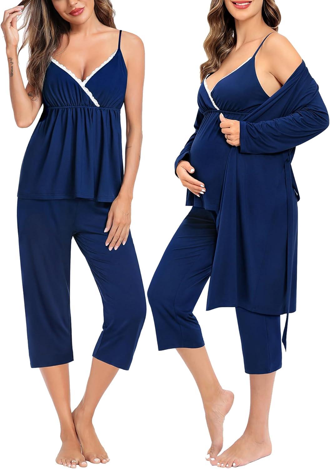 imageSWOMOG Maternity Nursing Robe Set 3 Piece Breastfeeding Pajamas 3 in 1 Labor Delivery Sleevless TopsampLong Pants Pregnancy PjsZ Capriberry Blue
