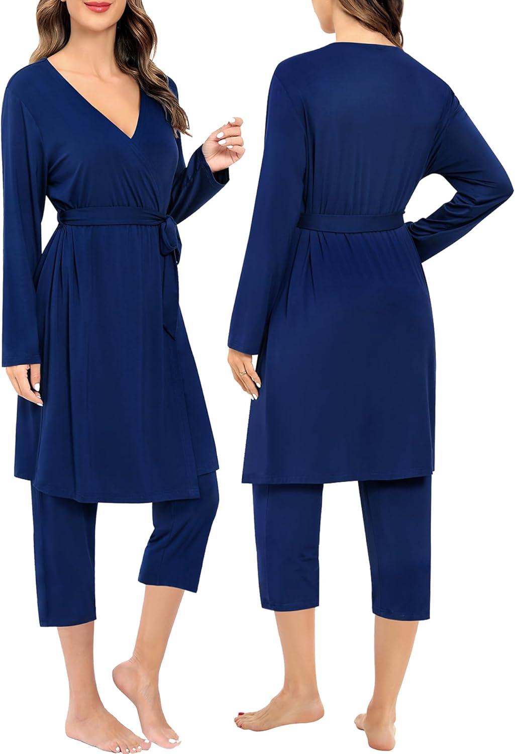 imageSWOMOG Maternity Nursing Robe Set 3 Piece Breastfeeding Pajamas 3 in 1 Labor Delivery Sleevless TopsampLong Pants Pregnancy PjsZ Capriberry Blue