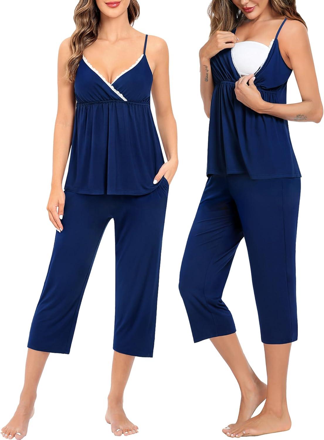 imageSWOMOG Maternity Nursing Robe Set 3 Piece Breastfeeding Pajamas 3 in 1 Labor Delivery Sleevless TopsampLong Pants Pregnancy PjsZ Capriberry Blue