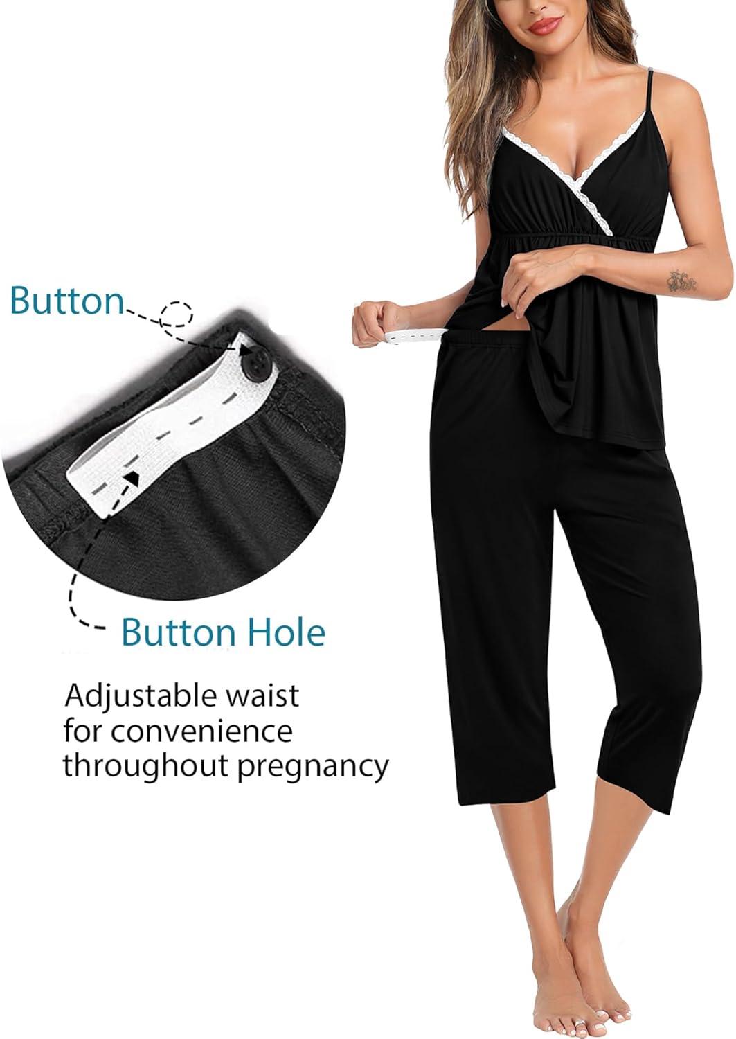 imageSWOMOG Maternity Nursing Robe Set 3 Piece Breastfeeding Pajamas 3 in 1 Labor Delivery Sleevless TopsampLong Pants Pregnancy PjsZ Capricarbon Black
