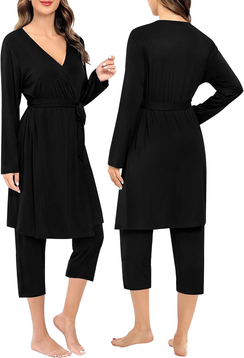 imageSWOMOG Maternity Nursing Robe Set 3 Piece Breastfeeding Pajamas 3 in 1 Labor Delivery Sleevless TopsampLong Pants Pregnancy PjsZ Capricarbon Black