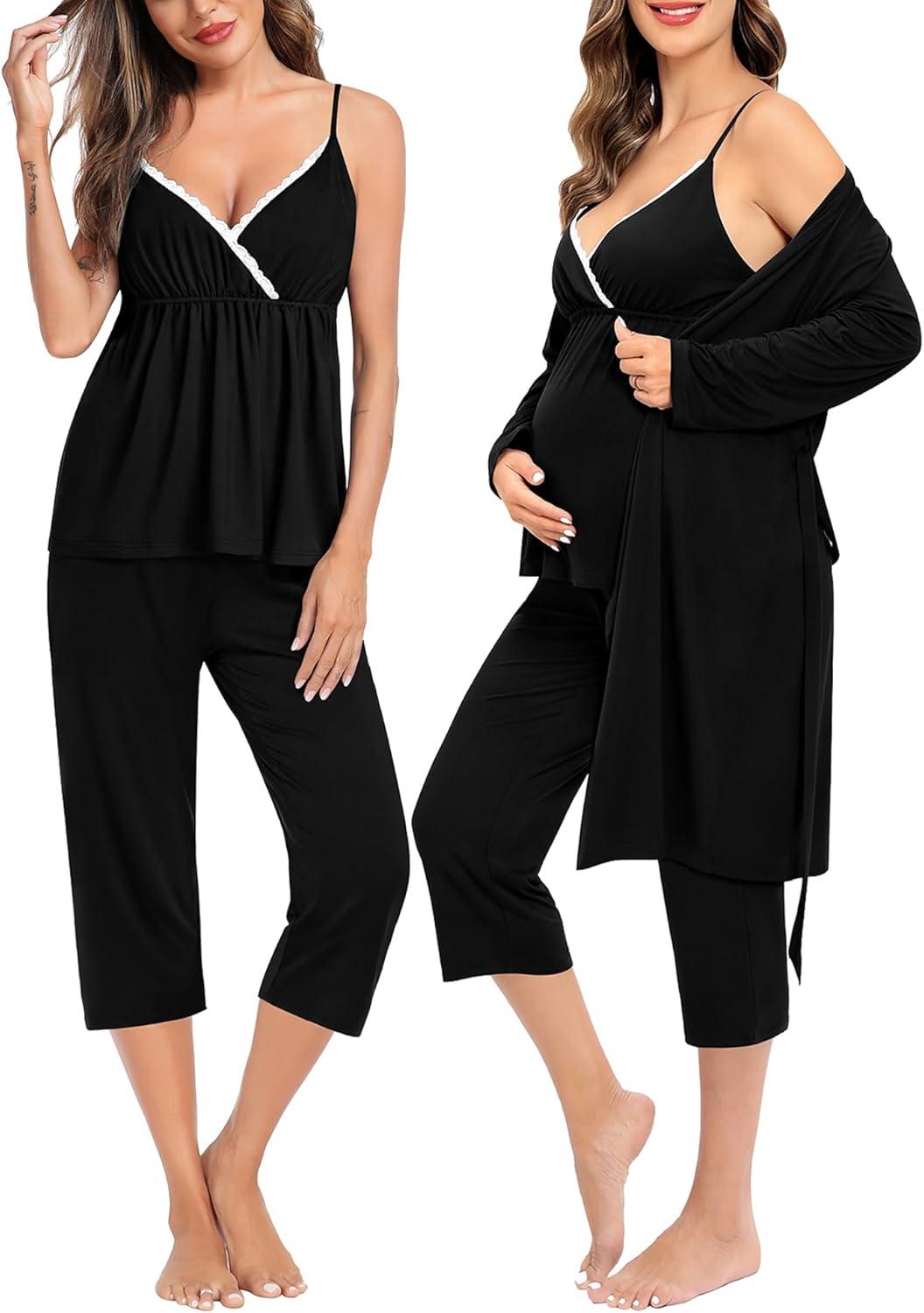 imageSWOMOG Maternity Nursing Robe Set 3 Piece Breastfeeding Pajamas 3 in 1 Labor Delivery Sleevless TopsampLong Pants Pregnancy PjsZ Capricarbon Black