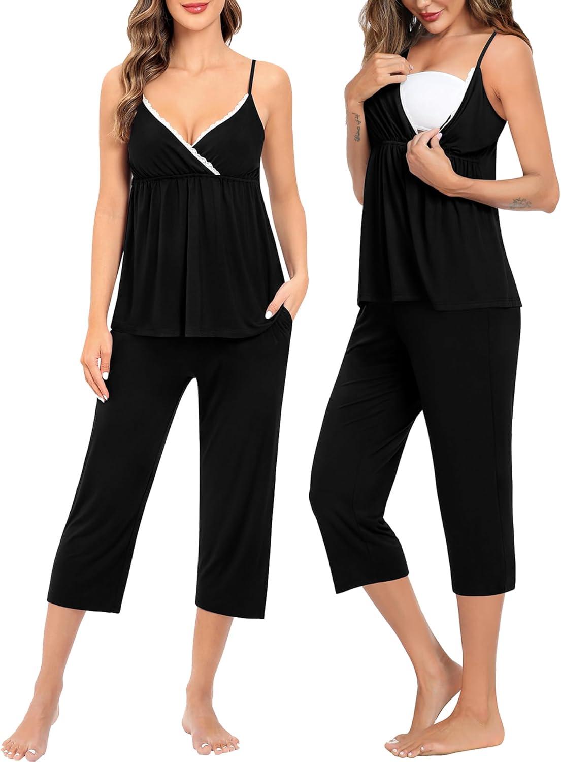 imageSWOMOG Maternity Nursing Robe Set 3 Piece Breastfeeding Pajamas 3 in 1 Labor Delivery Sleevless TopsampLong Pants Pregnancy PjsZ Capricarbon Black