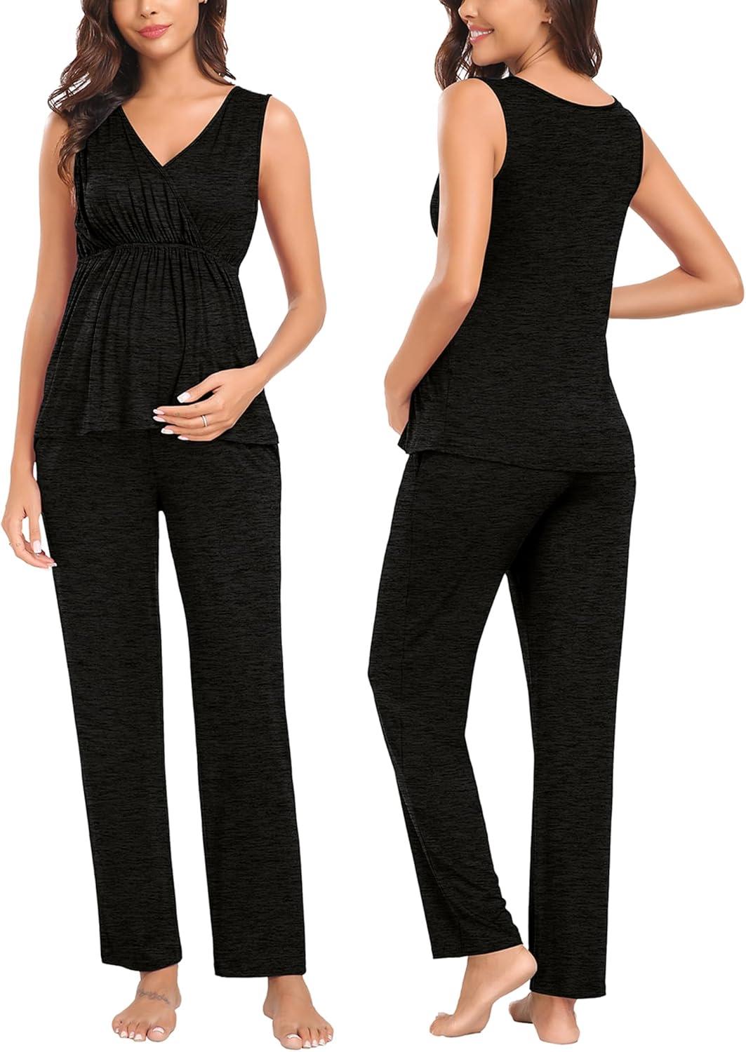 imageSWOMOG Maternity Nursing Robe Set 3 Piece Postpartum Breastfeeding Pajamas 3 in 1 Hospital Labor Delivery Pregnancy PjsBlack Greypants