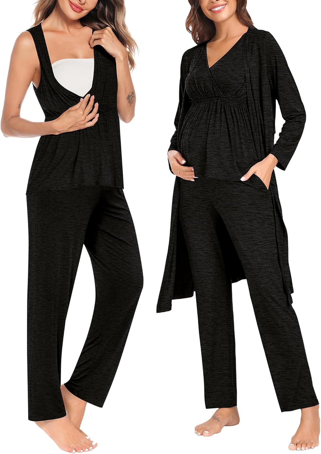 imageSWOMOG Maternity Nursing Robe Set 3 Piece Postpartum Breastfeeding Pajamas 3 in 1 Hospital Labor Delivery Pregnancy PjsBlack Greypants