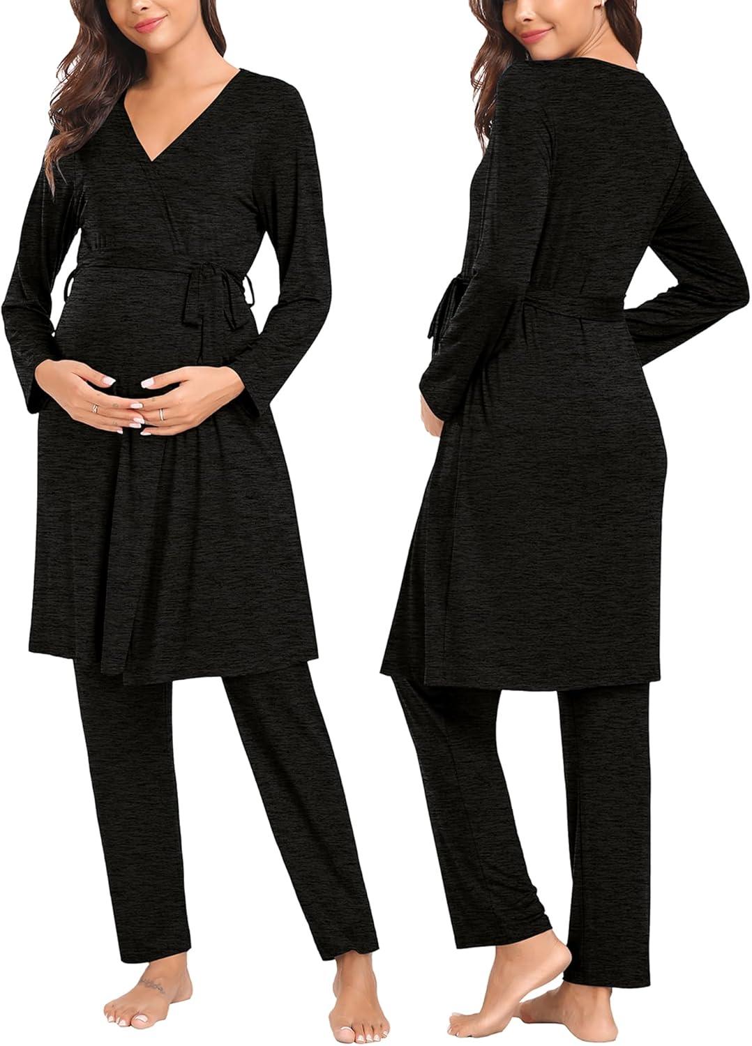 imageSWOMOG Maternity Nursing Robe Set 3 Piece Postpartum Breastfeeding Pajamas 3 in 1 Hospital Labor Delivery Pregnancy PjsBlack Greypants
