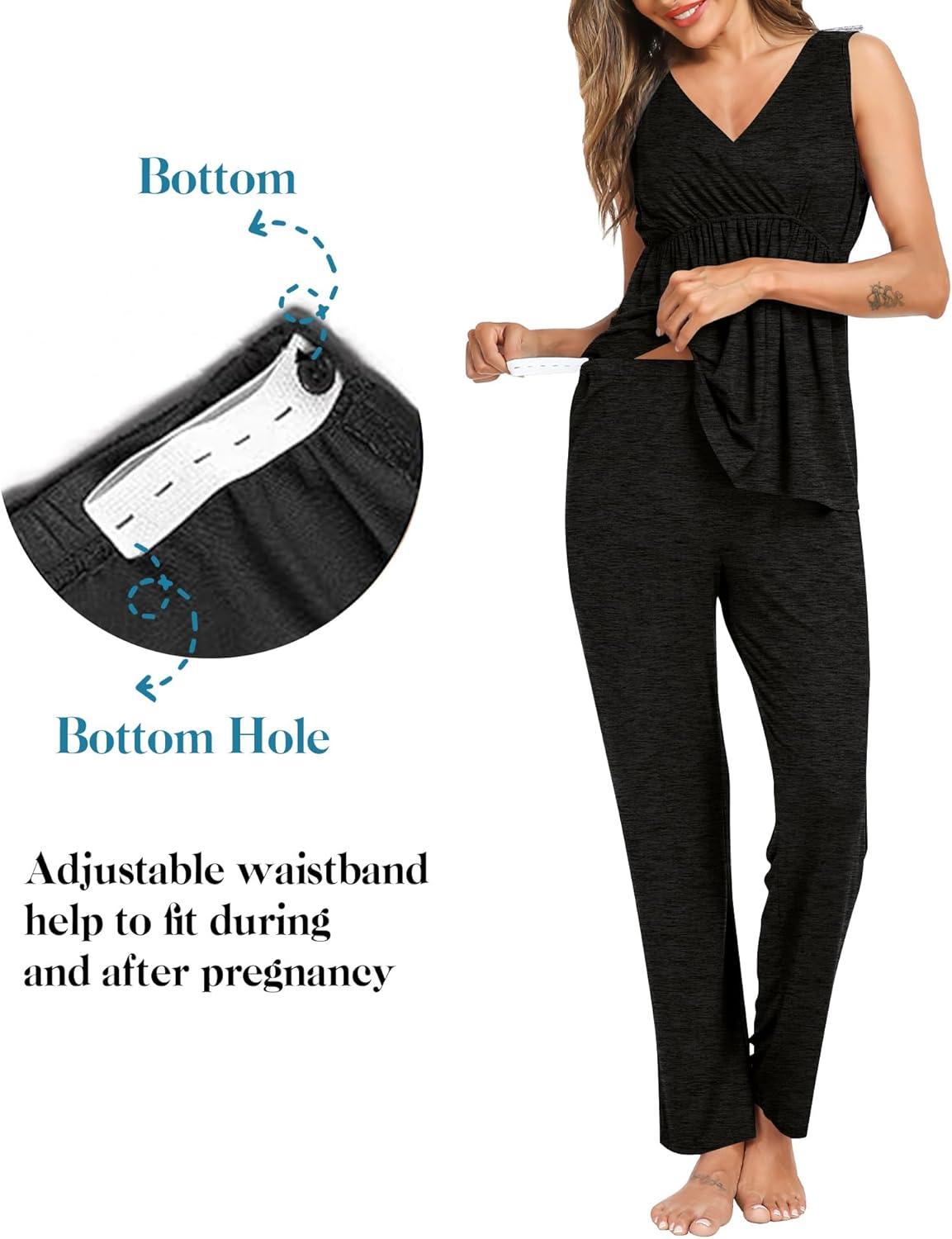 imageSWOMOG Maternity Nursing Robe Set 3 Piece Postpartum Breastfeeding Pajamas 3 in 1 Hospital Labor Delivery Pregnancy PjsBlack Greypants