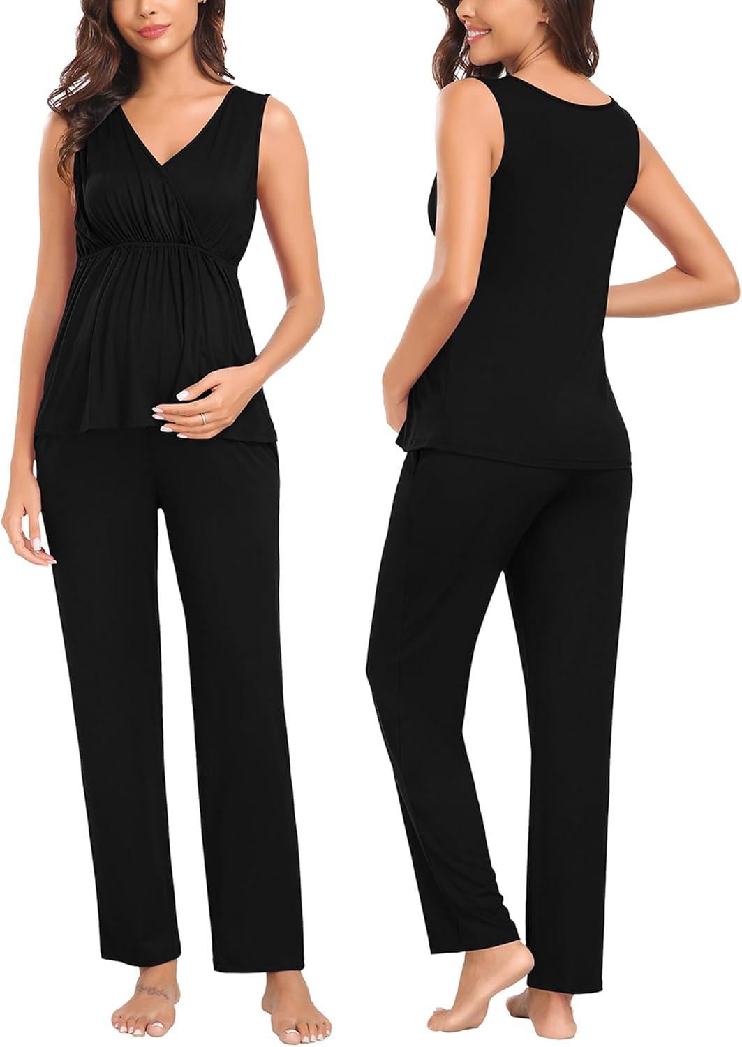 imageSWOMOG Maternity Nursing Robe Set 3 Piece Postpartum Breastfeeding Pajamas 3 in 1 Hospital Labor Delivery Pregnancy PjsBlackpants