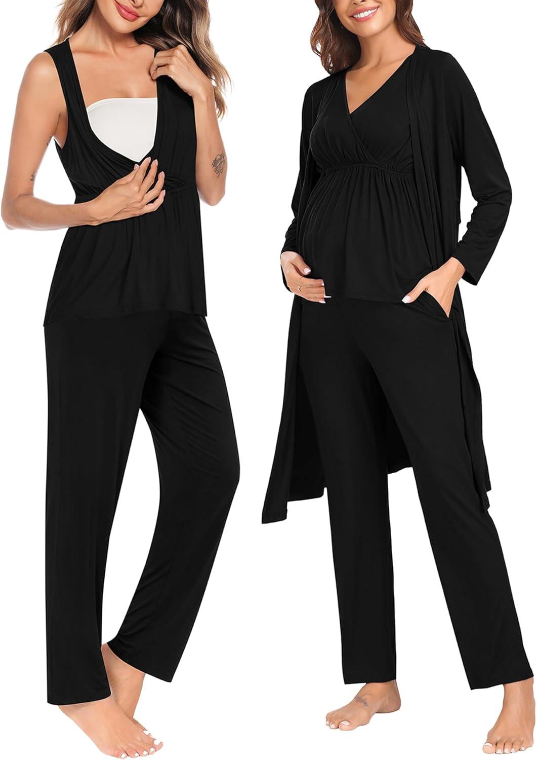 imageSWOMOG Maternity Nursing Robe Set 3 Piece Postpartum Breastfeeding Pajamas 3 in 1 Hospital Labor Delivery Pregnancy PjsBlackpants