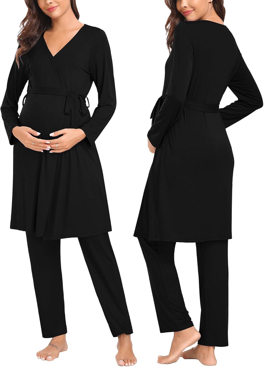 imageSWOMOG Maternity Nursing Robe Set 3 Piece Postpartum Breastfeeding Pajamas 3 in 1 Hospital Labor Delivery Pregnancy PjsBlackpants