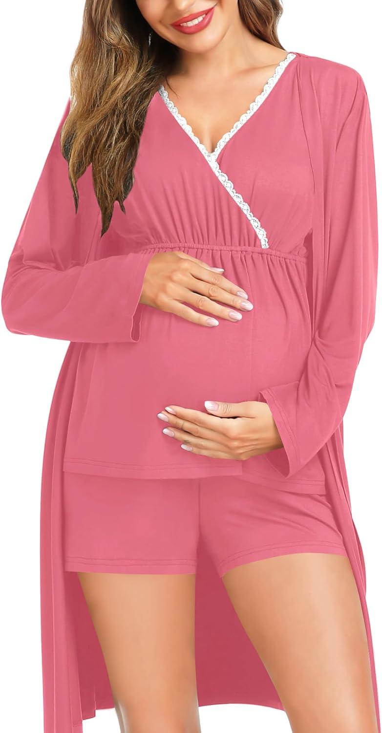 imageSWOMOG Maternity Nursing Robe Set 3 Piece Postpartum Breastfeeding Pajamas 3 in 1 Hospital Labor Delivery Pregnancy PjsCoralshorts
