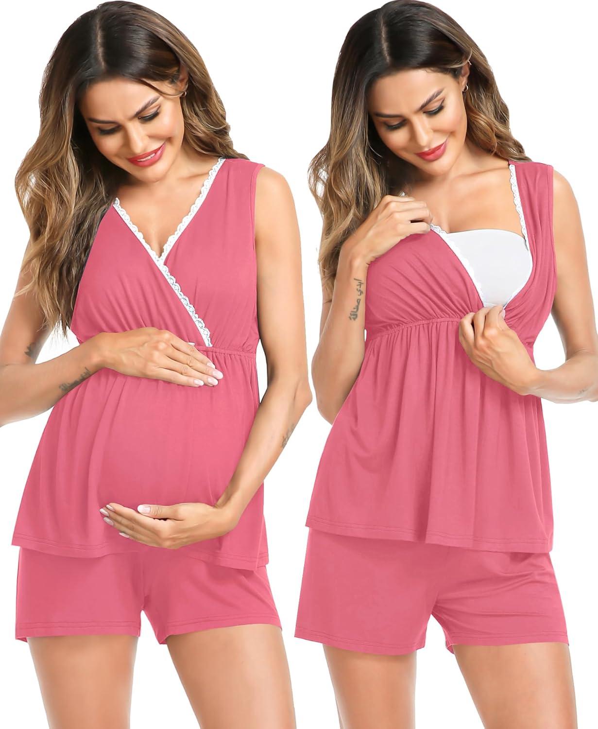 imageSWOMOG Maternity Nursing Robe Set 3 Piece Postpartum Breastfeeding Pajamas 3 in 1 Hospital Labor Delivery Pregnancy PjsCoralshorts