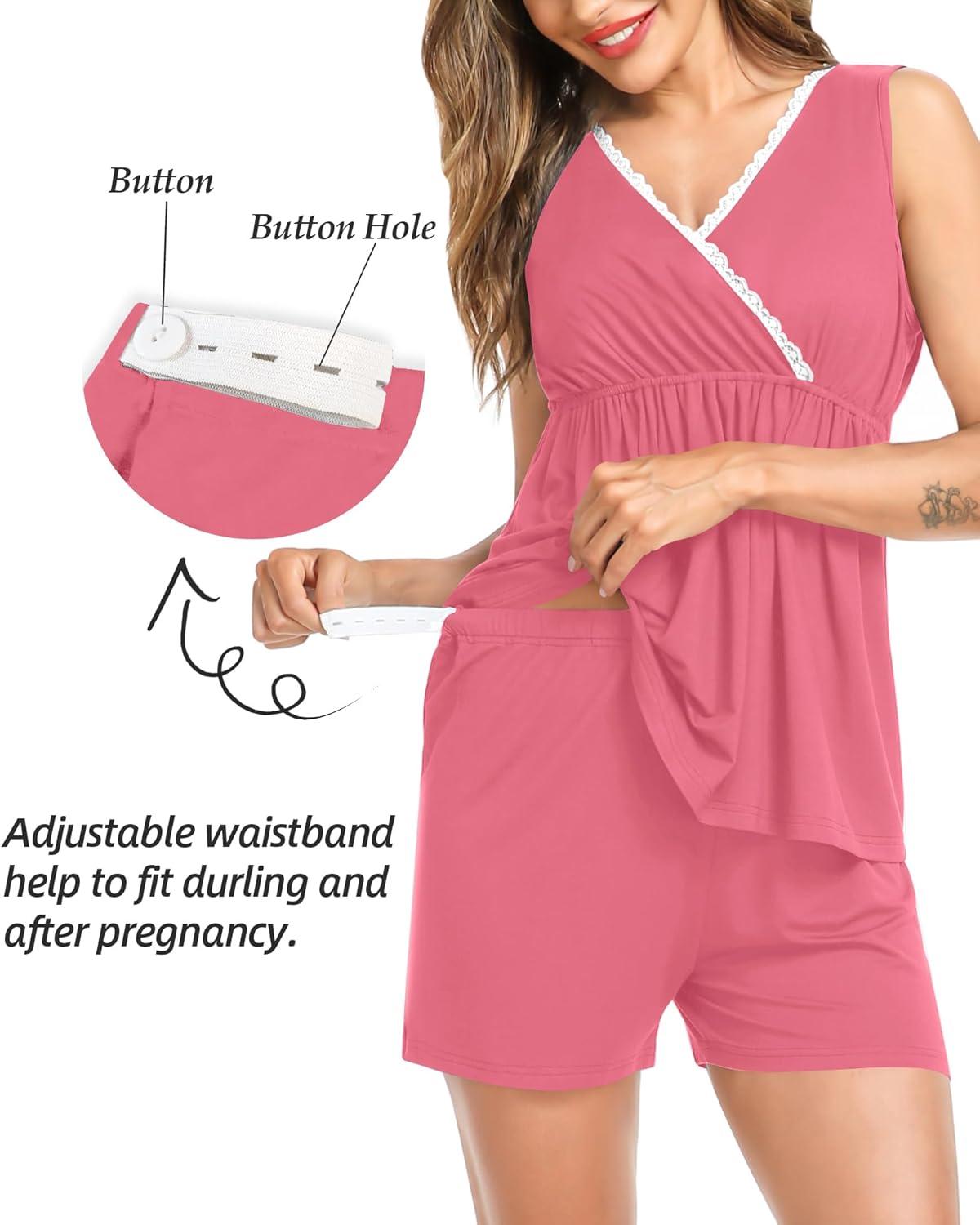 imageSWOMOG Maternity Nursing Robe Set 3 Piece Postpartum Breastfeeding Pajamas 3 in 1 Hospital Labor Delivery Pregnancy PjsCoralshorts