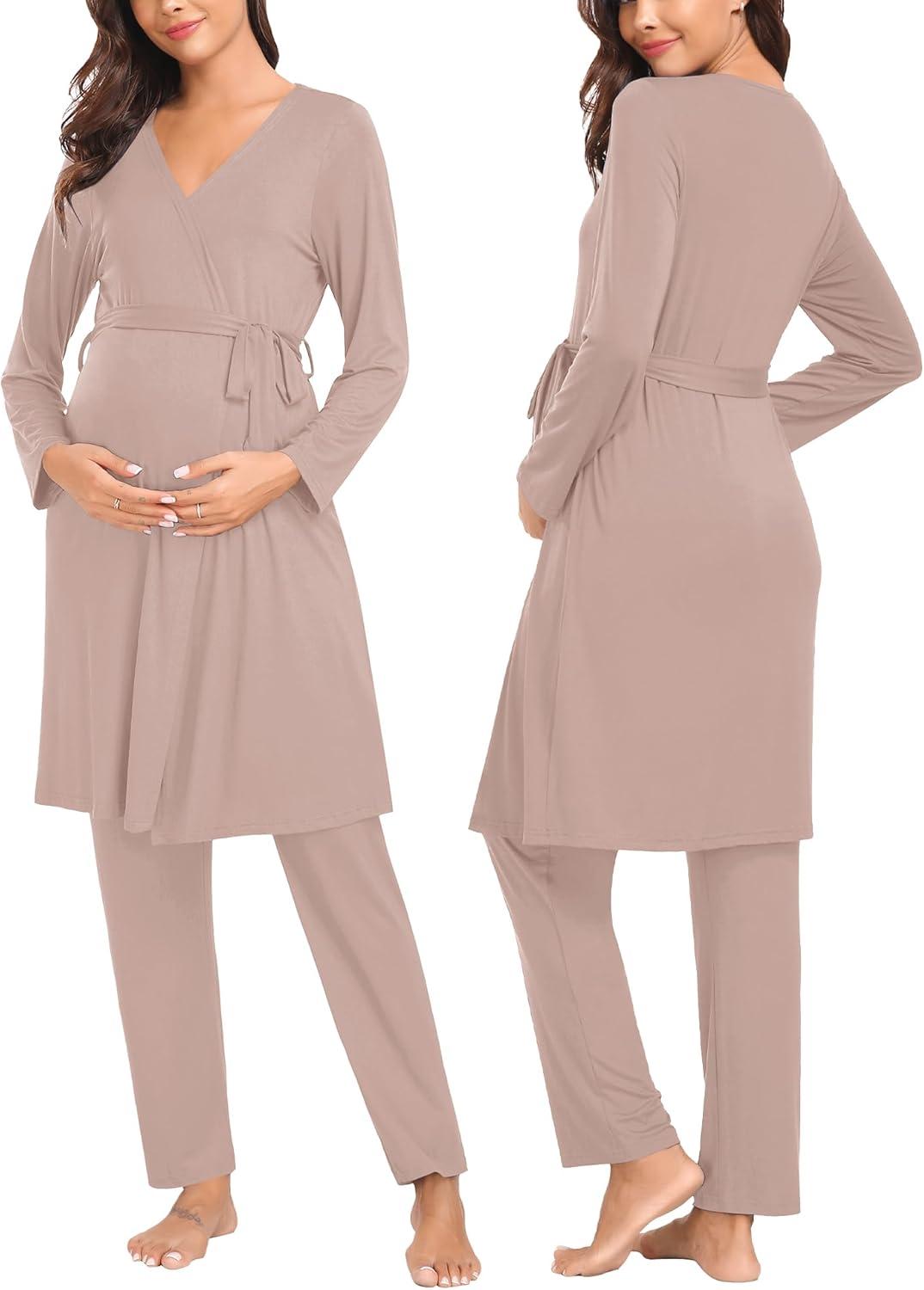 imageSWOMOG Maternity Nursing Robe Set 3 Piece Postpartum Breastfeeding Pajamas 3 in 1 Hospital Labor Delivery Pregnancy PjsLight Brownpants
