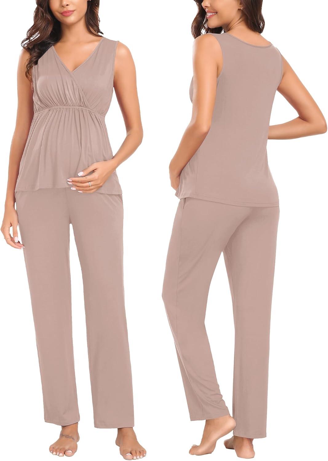 imageSWOMOG Maternity Nursing Robe Set 3 Piece Postpartum Breastfeeding Pajamas 3 in 1 Hospital Labor Delivery Pregnancy PjsLight Brownpants