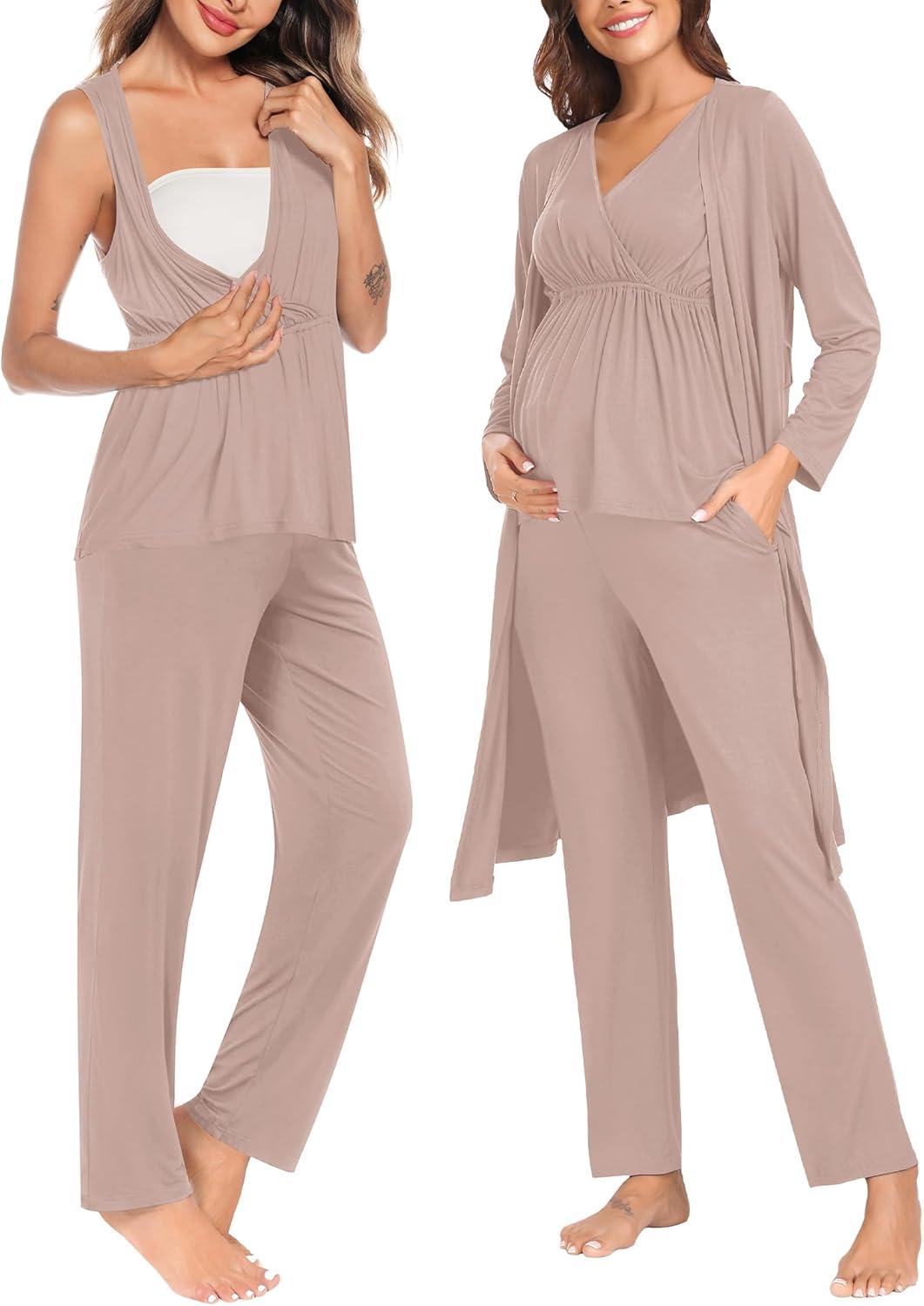 imageSWOMOG Maternity Nursing Robe Set 3 Piece Postpartum Breastfeeding Pajamas 3 in 1 Hospital Labor Delivery Pregnancy PjsLight Brownpants