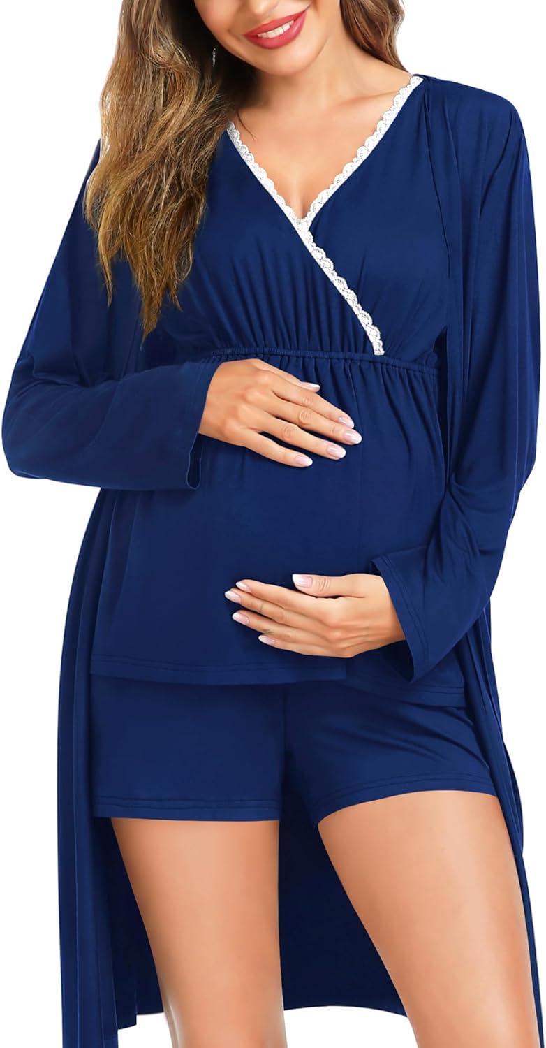 imageSWOMOG Maternity Nursing Robe Set 3 Piece Postpartum Breastfeeding Pajamas 3 in 1 Hospital Labor Delivery Pregnancy PjsNavy Blueshorts