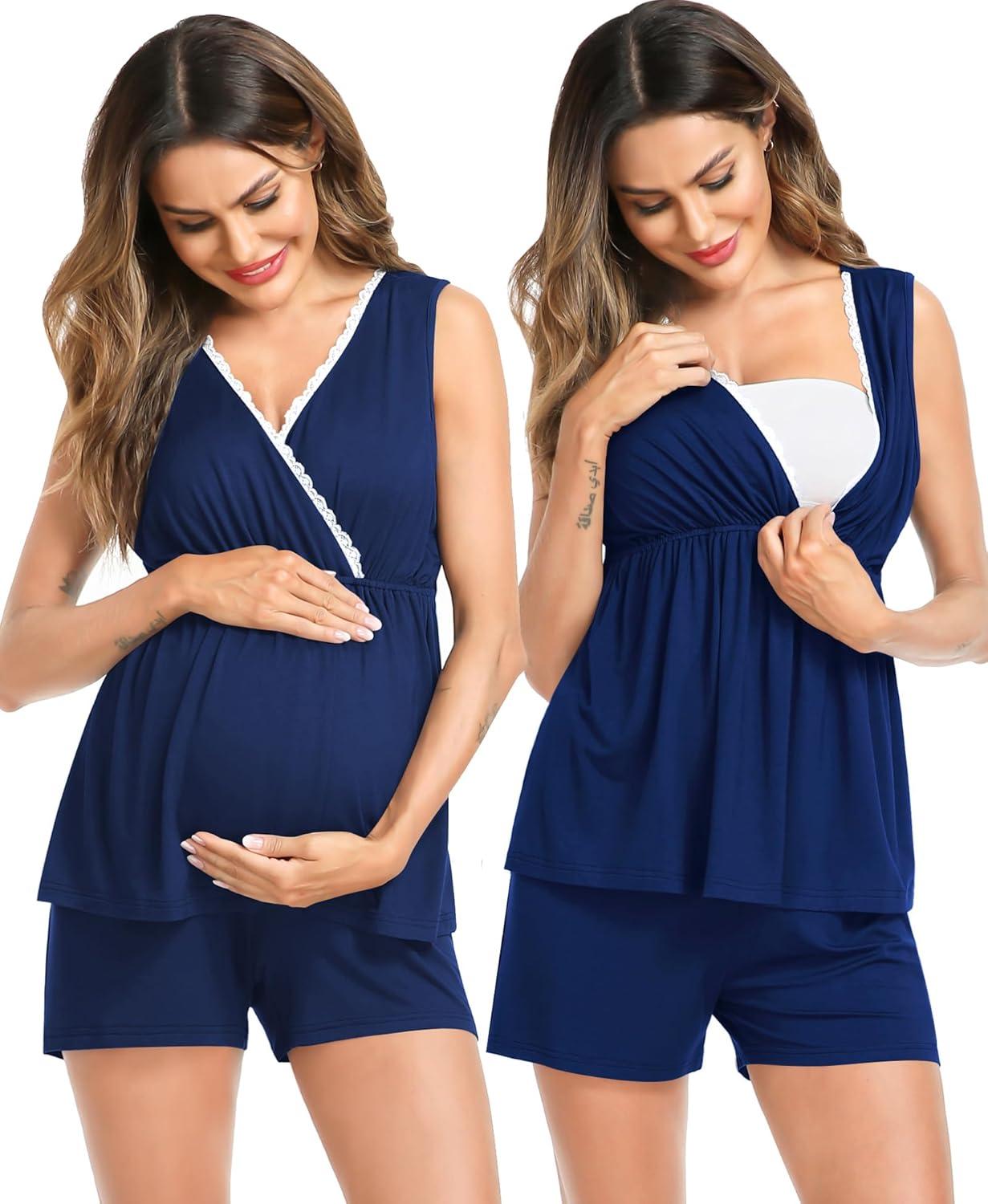 imageSWOMOG Maternity Nursing Robe Set 3 Piece Postpartum Breastfeeding Pajamas 3 in 1 Hospital Labor Delivery Pregnancy PjsNavy Blueshorts