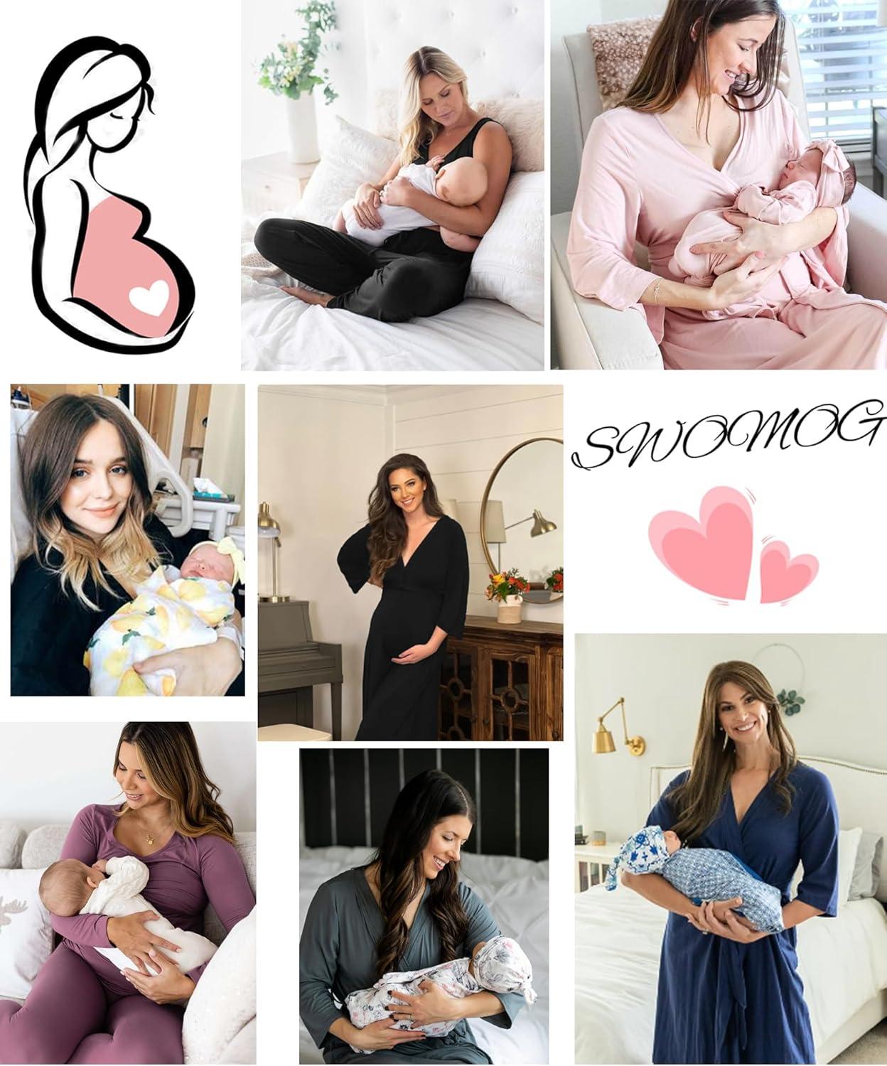 imageSWOMOG Maternity Nursing Robe Set 3 Piece Postpartum Breastfeeding Pajamas 3 in 1 Hospital Labor Delivery Pregnancy PjsPinkpants