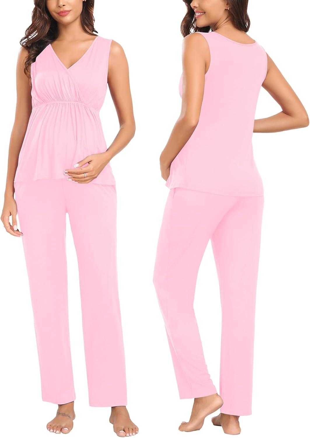 imageSWOMOG Maternity Nursing Robe Set 3 Piece Postpartum Breastfeeding Pajamas 3 in 1 Hospital Labor Delivery Pregnancy PjsPinkpants