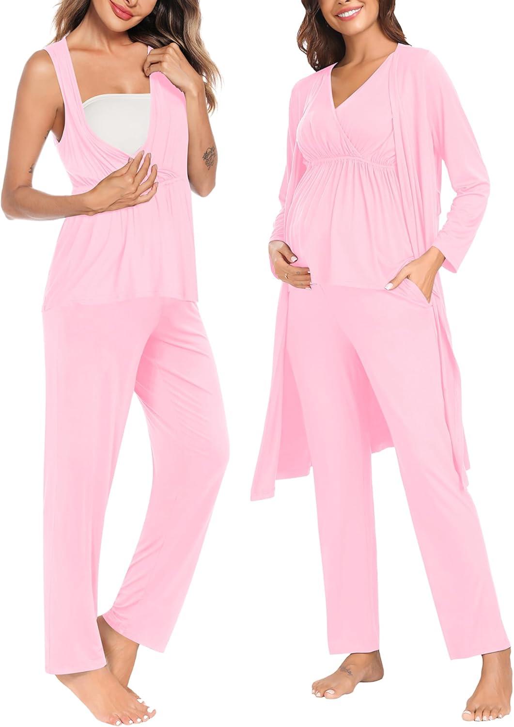 imageSWOMOG Maternity Nursing Robe Set 3 Piece Postpartum Breastfeeding Pajamas 3 in 1 Hospital Labor Delivery Pregnancy PjsPinkpants