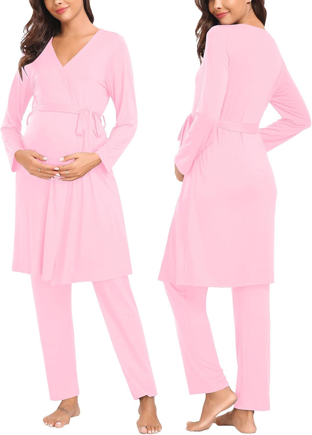 imageSWOMOG Maternity Nursing Robe Set 3 Piece Postpartum Breastfeeding Pajamas 3 in 1 Hospital Labor Delivery Pregnancy PjsPinkpants