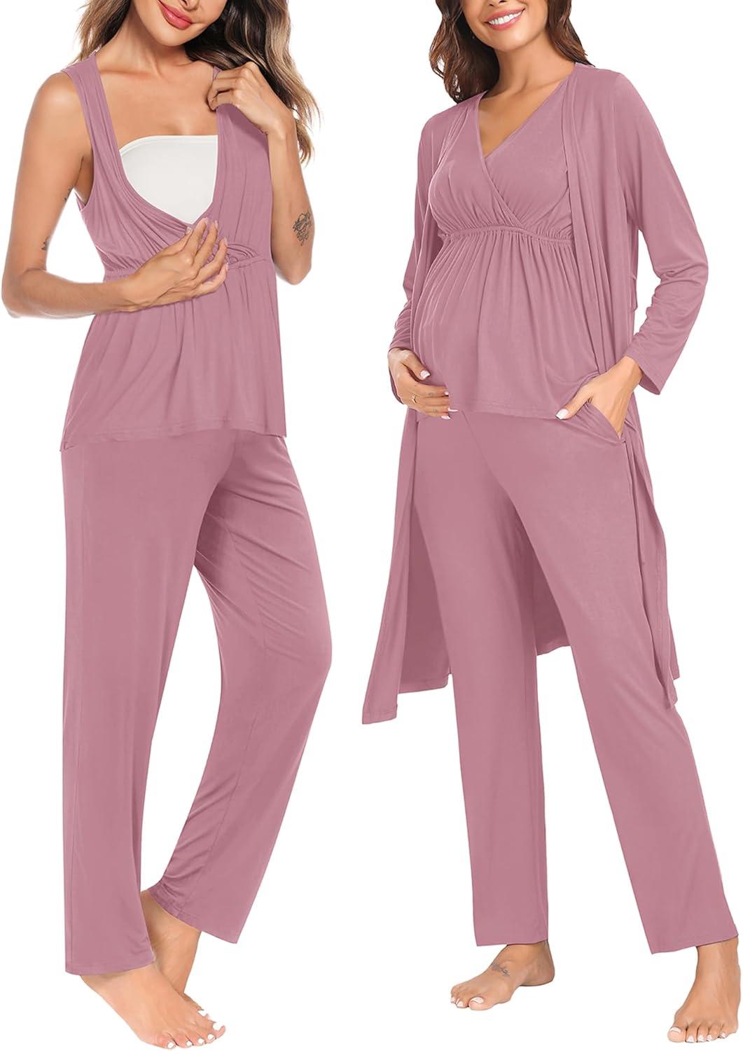 imageSWOMOG Maternity Nursing Robe Set 3 Piece Postpartum Breastfeeding Pajamas 3 in 1 Hospital Labor Delivery Pregnancy PjsTaro Purplepants