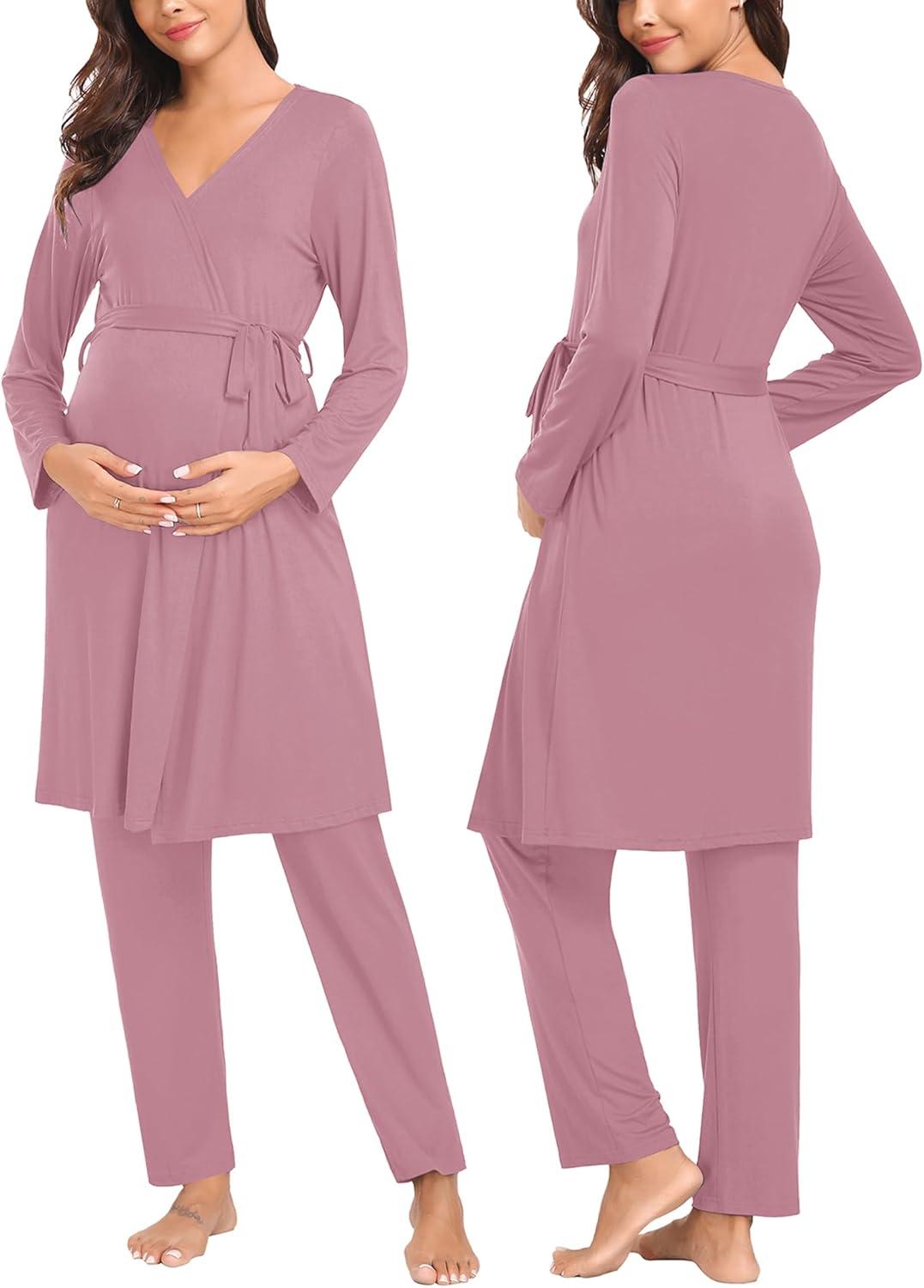 imageSWOMOG Maternity Nursing Robe Set 3 Piece Postpartum Breastfeeding Pajamas 3 in 1 Hospital Labor Delivery Pregnancy PjsTaro Purplepants