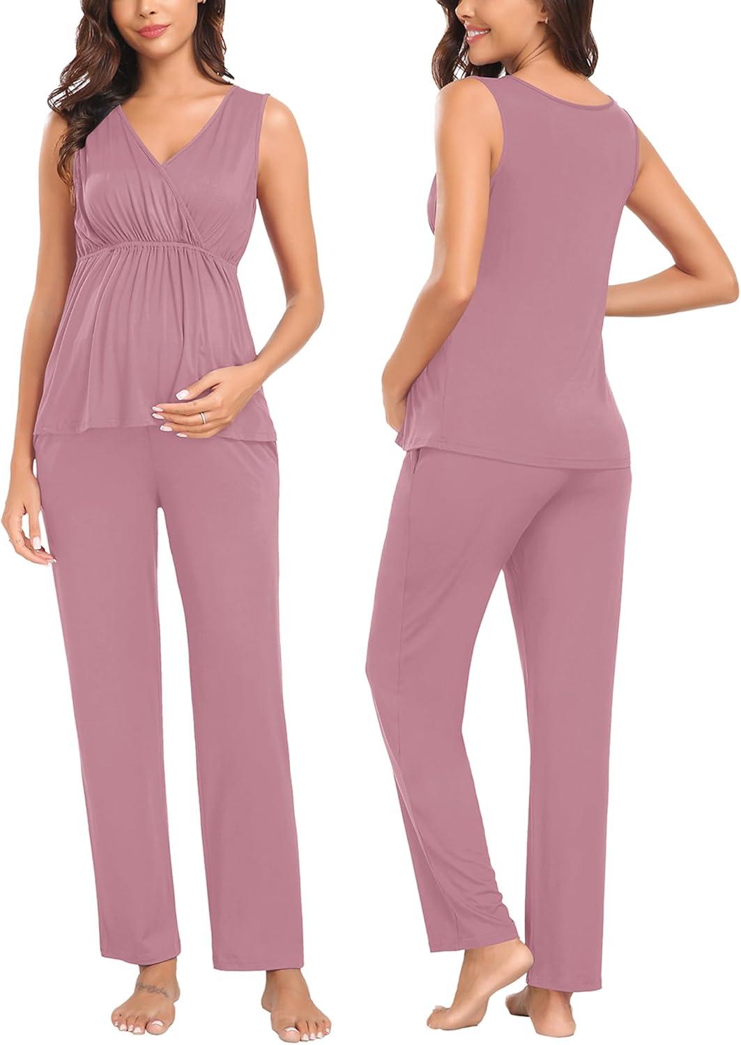 imageSWOMOG Maternity Nursing Robe Set 3 Piece Postpartum Breastfeeding Pajamas 3 in 1 Hospital Labor Delivery Pregnancy PjsTaro Purplepants