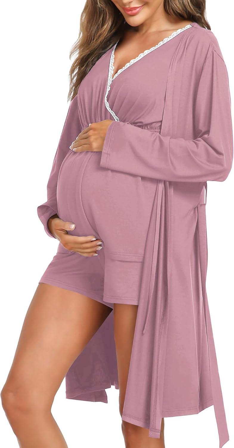 imageSWOMOG Maternity Nursing Robe Set 3 Piece Postpartum Breastfeeding Pajamas 3 in 1 Hospital Labor Delivery Pregnancy PjsTaro Purpleshorts