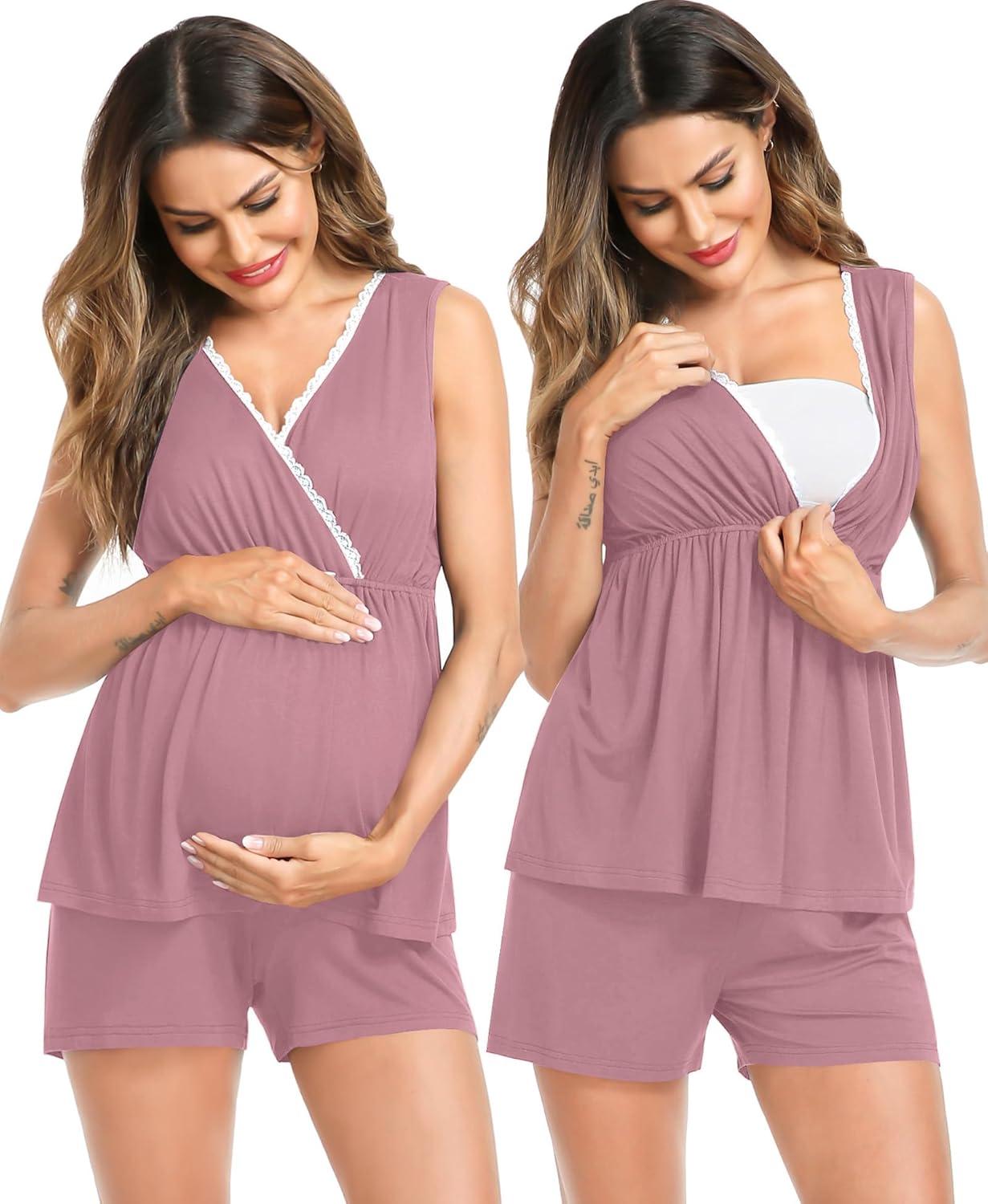 imageSWOMOG Maternity Nursing Robe Set 3 Piece Postpartum Breastfeeding Pajamas 3 in 1 Hospital Labor Delivery Pregnancy PjsTaro Purpleshorts