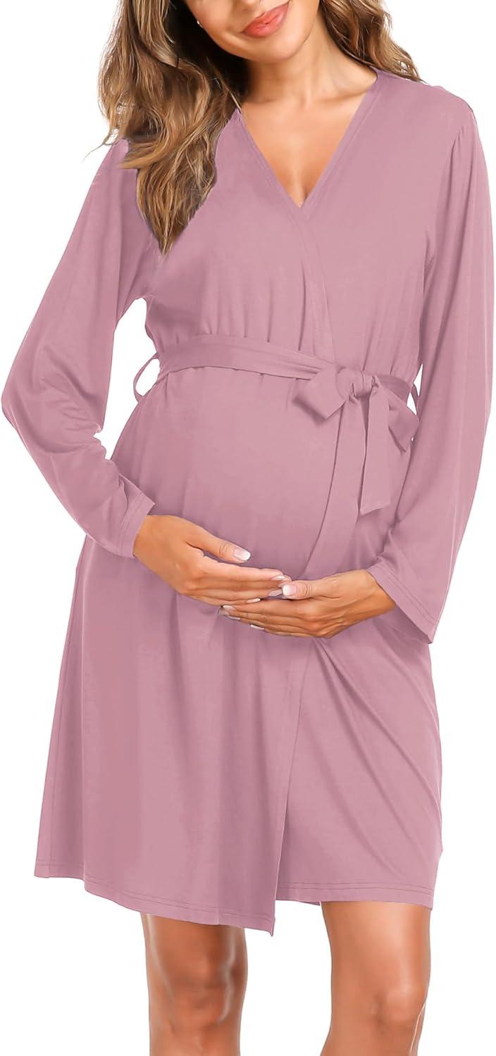 imageSWOMOG Maternity Nursing Robe Set 3 Piece Postpartum Breastfeeding Pajamas 3 in 1 Hospital Labor Delivery Pregnancy PjsTaro Purpleshorts