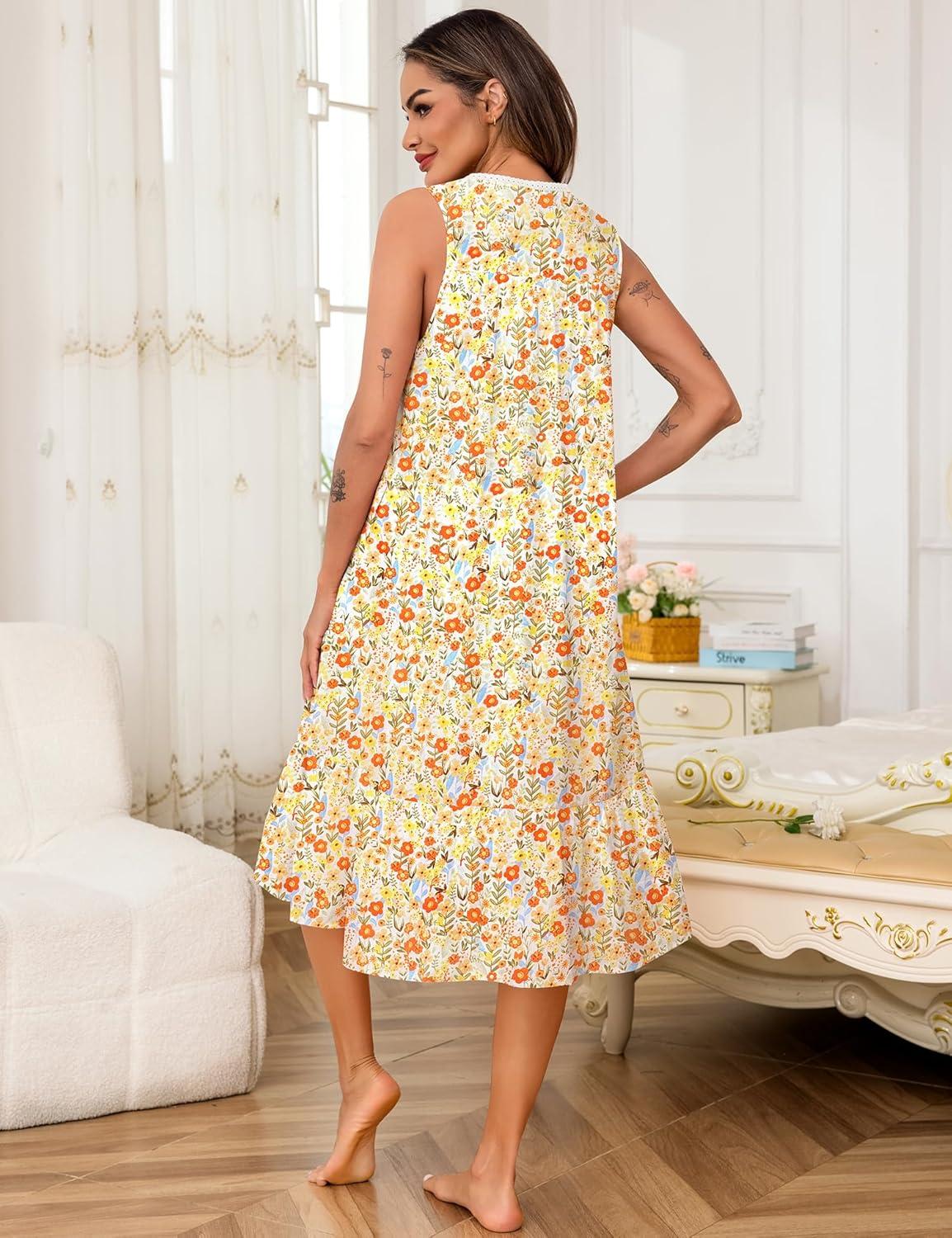 imageSWOMOG Nightgowns for Women Soft Sleeveless Nightdress with Pockets Ruffle Ladies SleepshirtsStylea Orange Flower