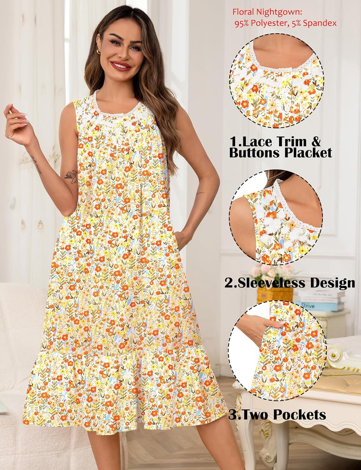 imageSWOMOG Nightgowns for Women Soft Sleeveless Nightdress with Pockets Ruffle Ladies SleepshirtsStylea Orange Flower