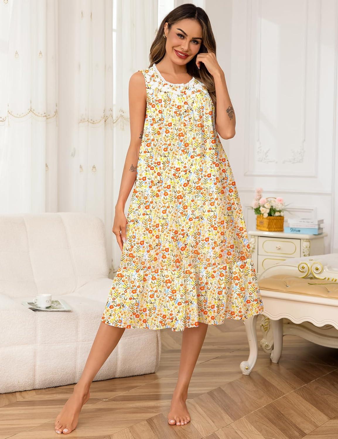 imageSWOMOG Nightgowns for Women Soft Sleeveless Nightdress with Pockets Ruffle Ladies SleepshirtsStylea Orange Flower