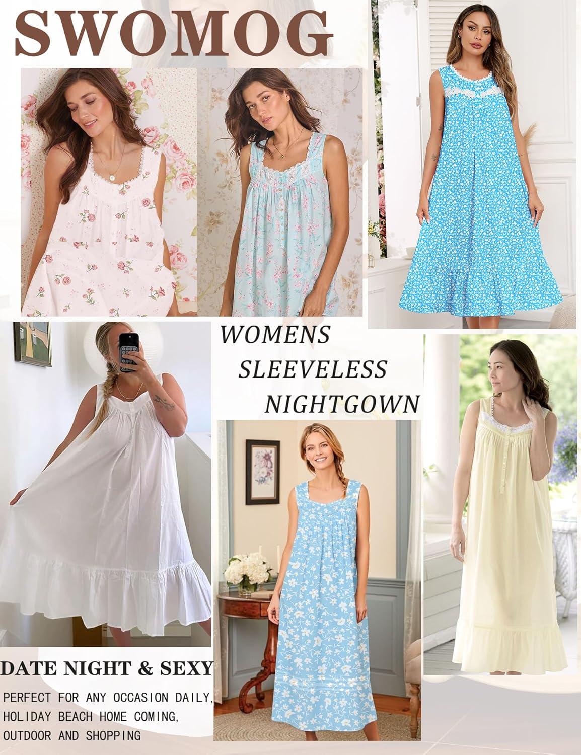 imageSWOMOG Nightgowns for Women Soft Sleeveless Nightdress with Pockets Ruffle Ladies SleepshirtsStyleb Blueleaves Flower