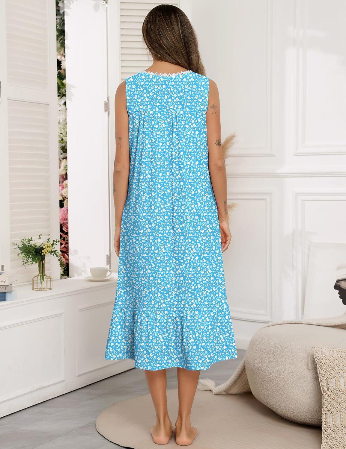 imageSWOMOG Nightgowns for Women Soft Sleeveless Nightdress with Pockets Ruffle Ladies SleepshirtsStyleb Blueleaves Flower