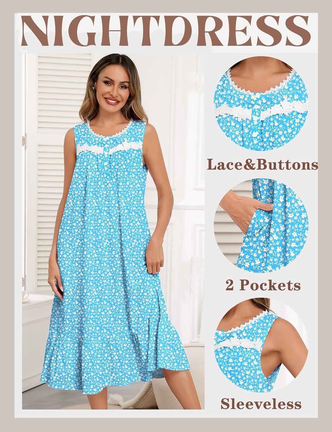 imageSWOMOG Nightgowns for Women Soft Sleeveless Nightdress with Pockets Ruffle Ladies SleepshirtsStyleb Blueleaves Flower