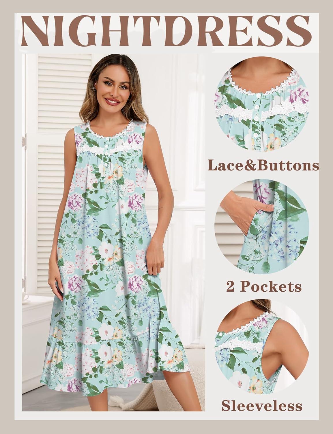 imageSWOMOG Nightgowns for Women Soft Sleeveless Nightdress with Pockets Ruffle Ladies SleepshirtsStyleb Green Flower