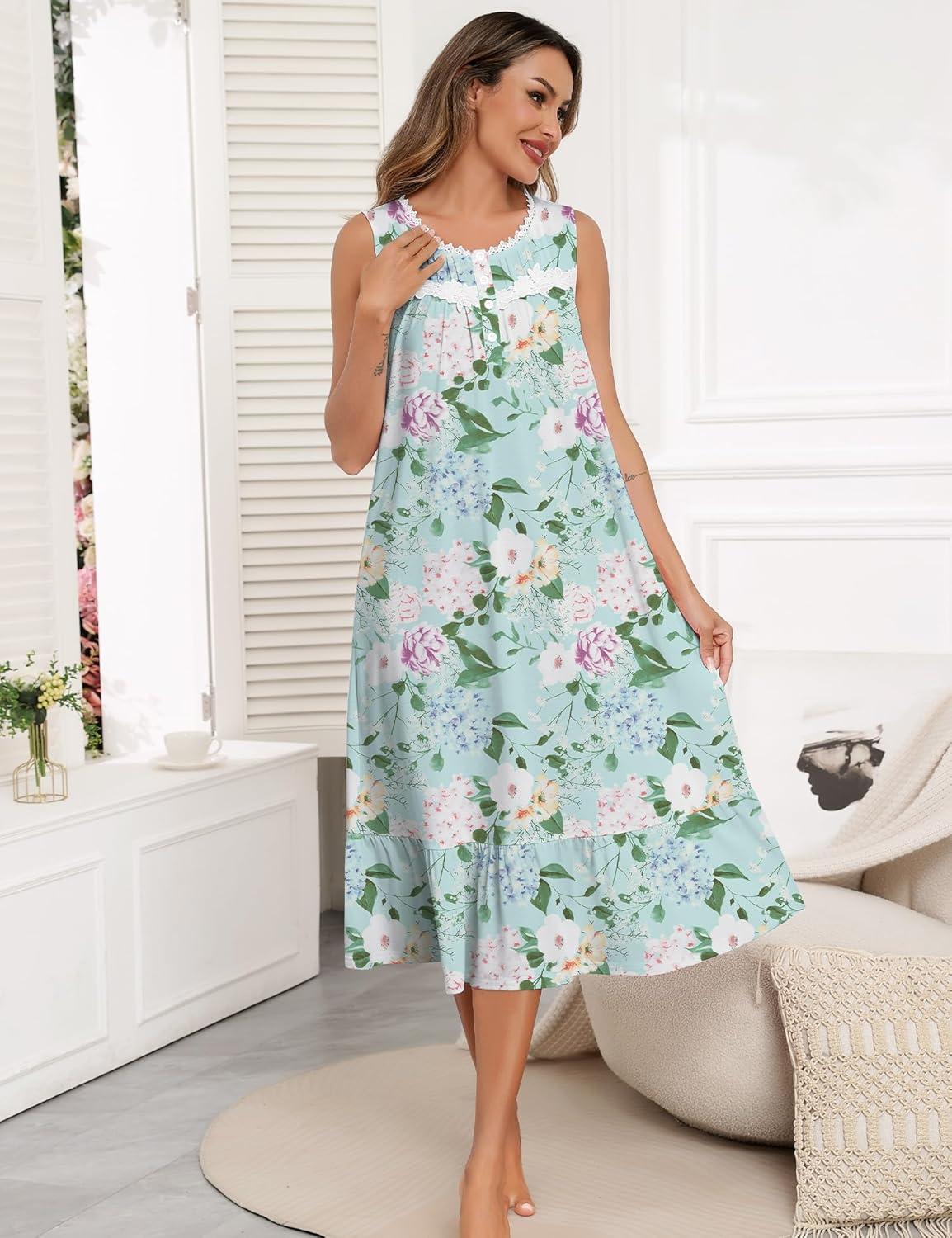 imageSWOMOG Nightgowns for Women Soft Sleeveless Nightdress with Pockets Ruffle Ladies SleepshirtsStyleb Green Flower