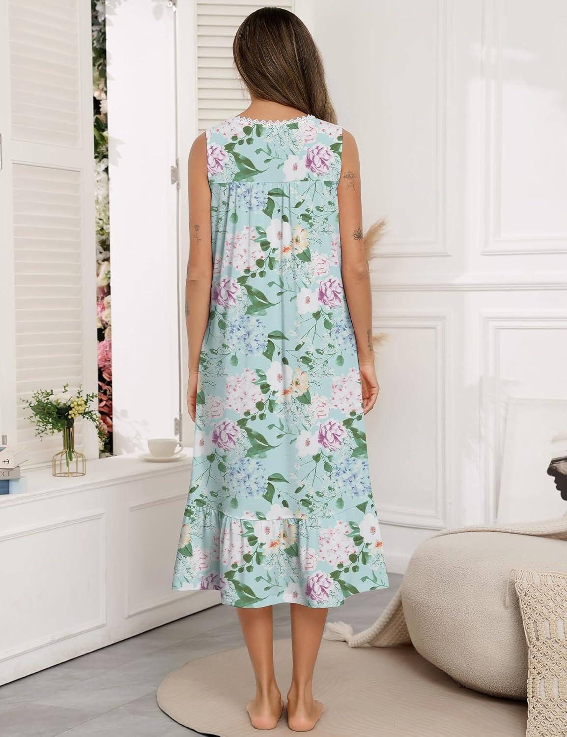 imageSWOMOG Nightgowns for Women Soft Sleeveless Nightdress with Pockets Ruffle Ladies SleepshirtsStyleb Green Flower