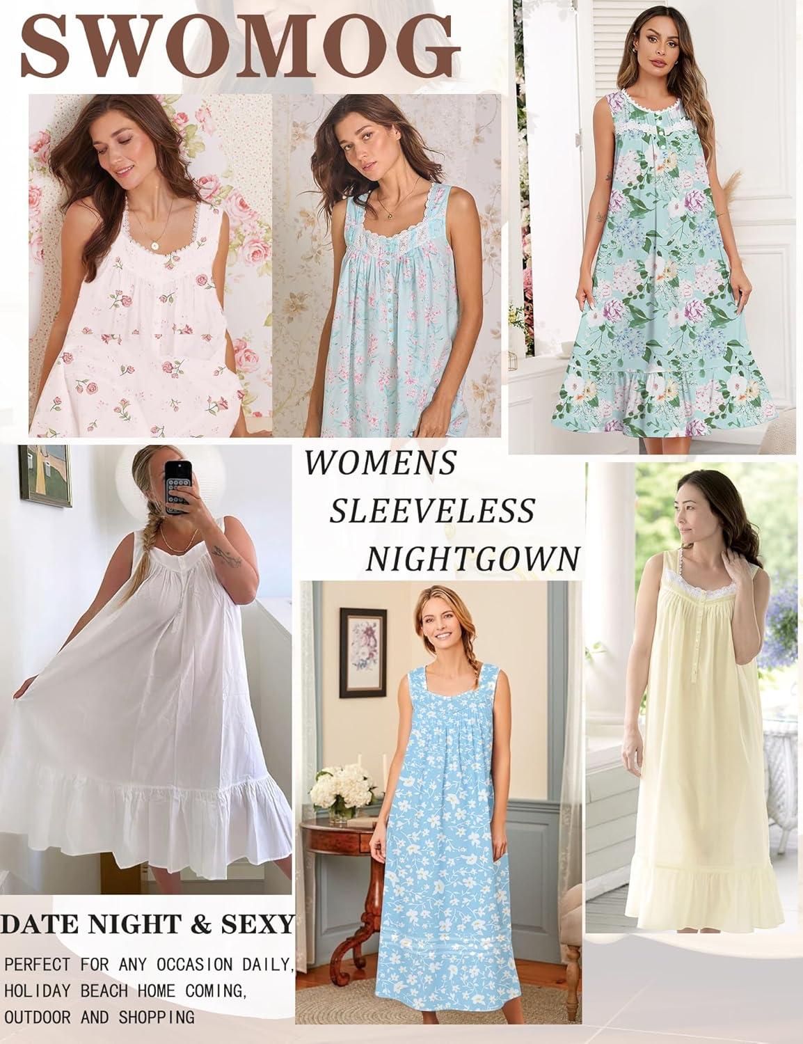 imageSWOMOG Nightgowns for Women Soft Sleeveless Nightdress with Pockets Ruffle Ladies SleepshirtsStyleb Green Flower
