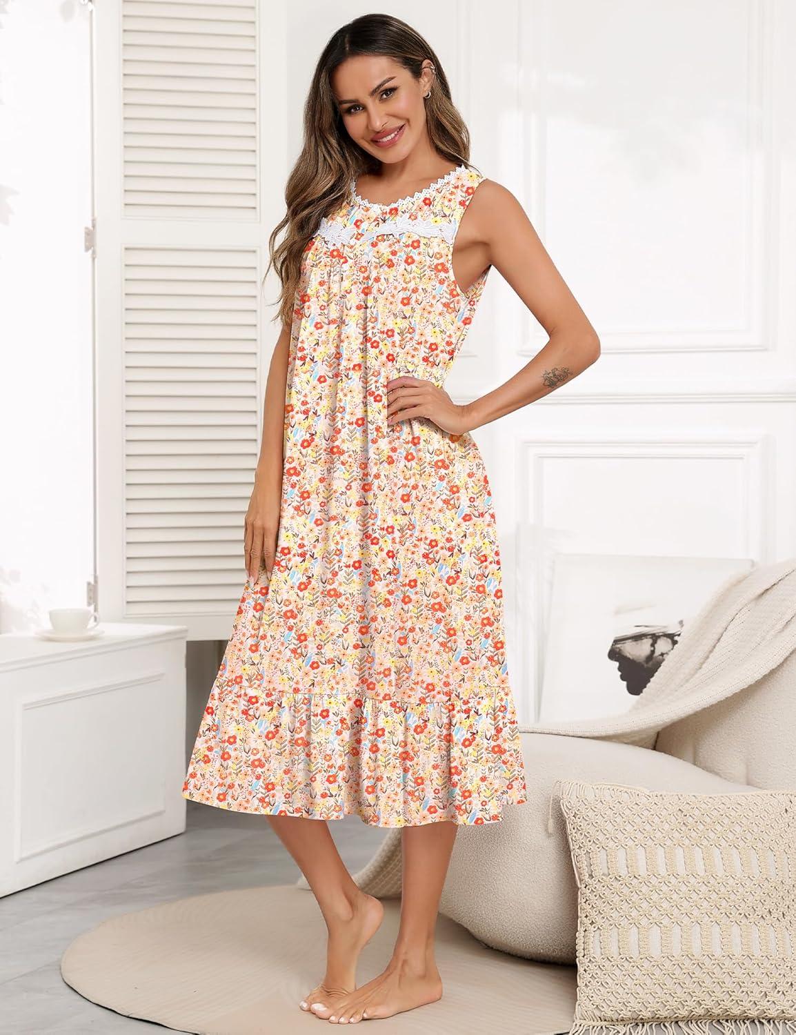 imageSWOMOG Nightgowns for Women Soft Sleeveless Nightdress with Pockets Ruffle Ladies SleepshirtsStyleb Orange Flower