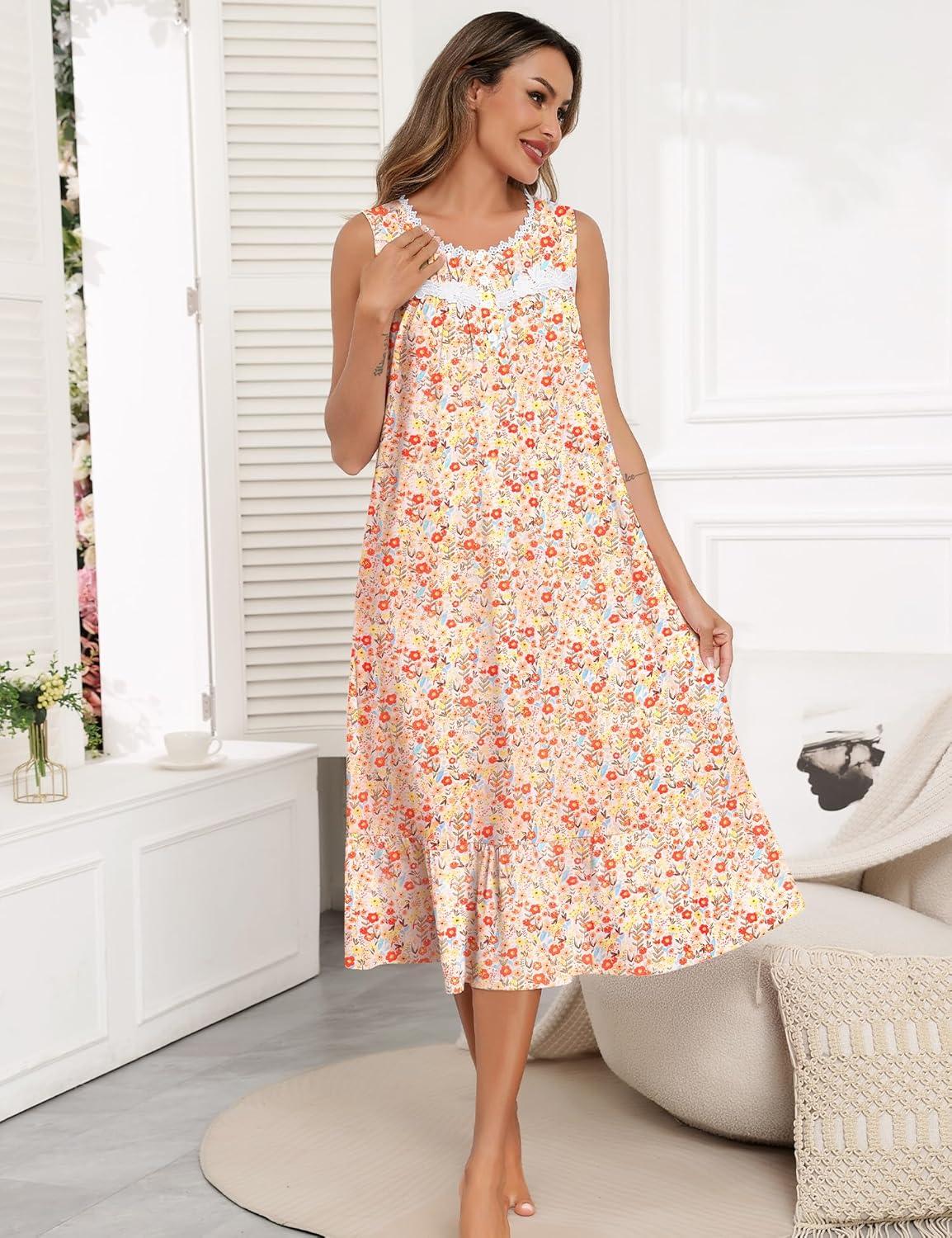 imageSWOMOG Nightgowns for Women Soft Sleeveless Nightdress with Pockets Ruffle Ladies SleepshirtsStyleb Orange Flower