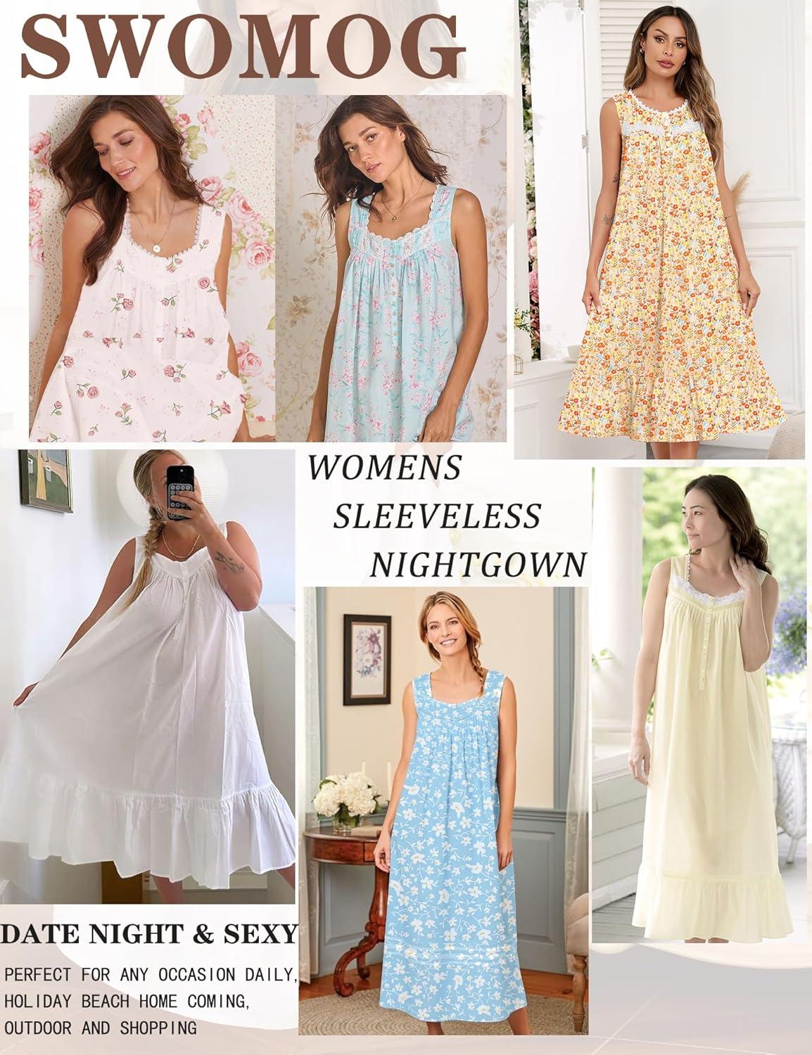 imageSWOMOG Nightgowns for Women Soft Sleeveless Nightdress with Pockets Ruffle Ladies SleepshirtsStyleb Orange Flower