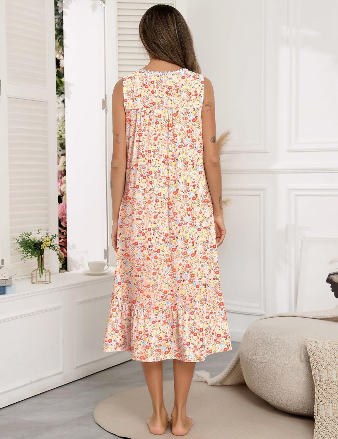imageSWOMOG Nightgowns for Women Soft Sleeveless Nightdress with Pockets Ruffle Ladies SleepshirtsStyleb Orange Flower