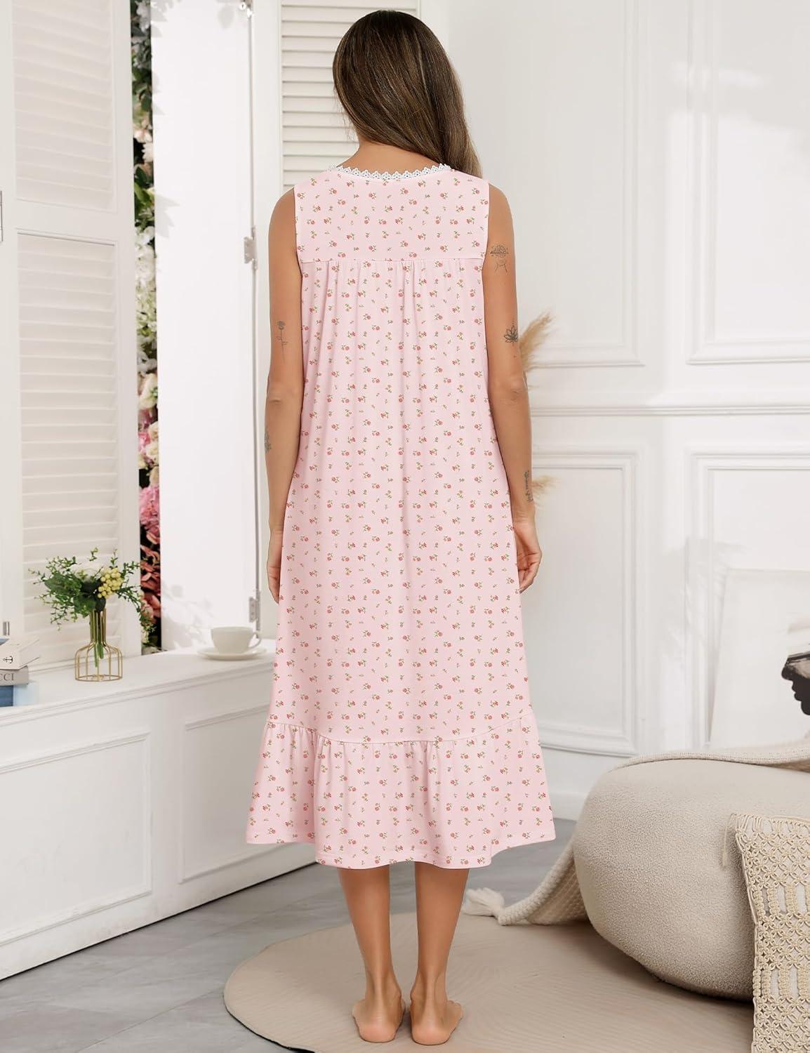 imageSWOMOG Nightgowns for Women Soft Sleeveless Nightdress with Pockets Ruffle Ladies SleepshirtsStyleb Pink Flower