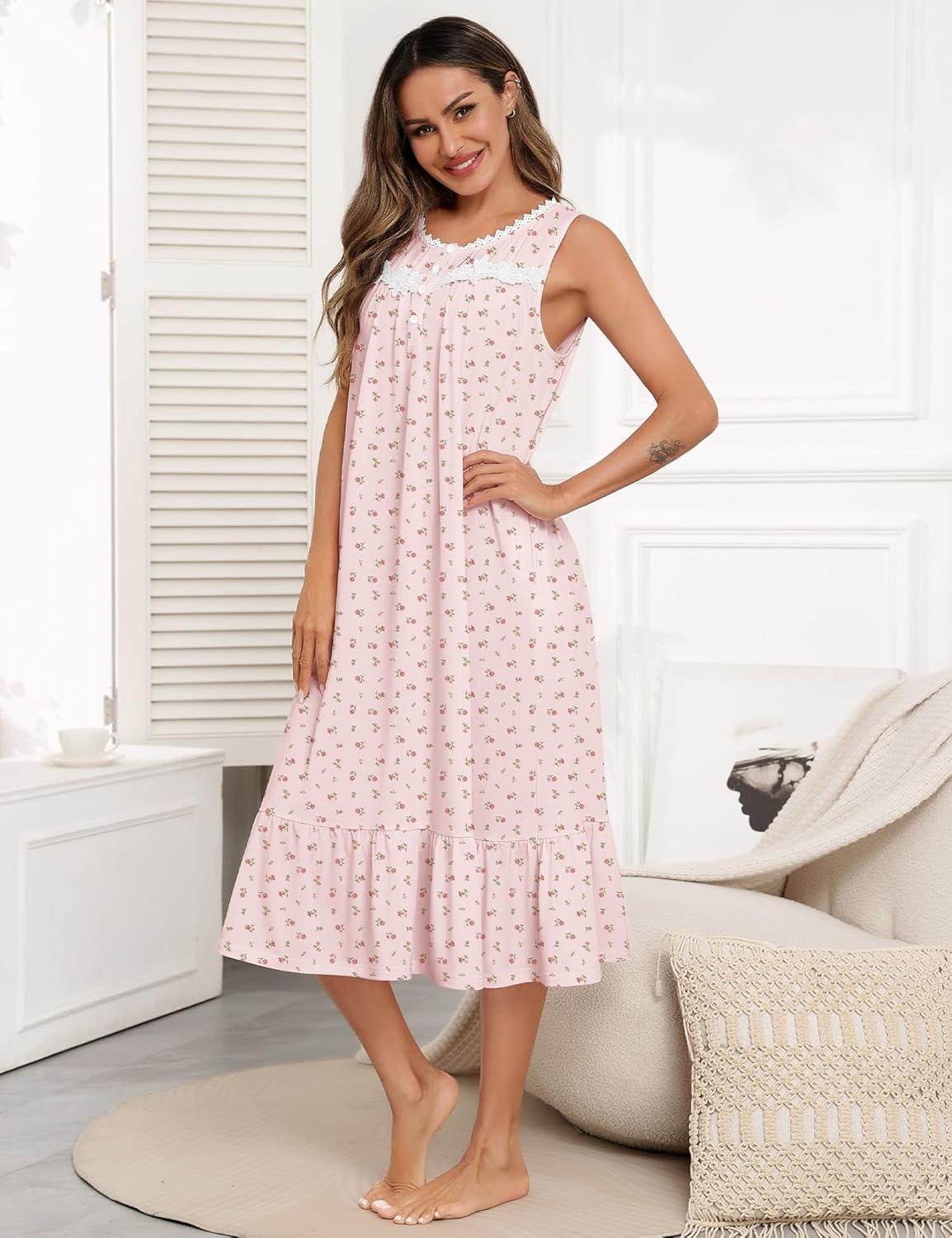 imageSWOMOG Nightgowns for Women Soft Sleeveless Nightdress with Pockets Ruffle Ladies SleepshirtsStyleb Pink Flower