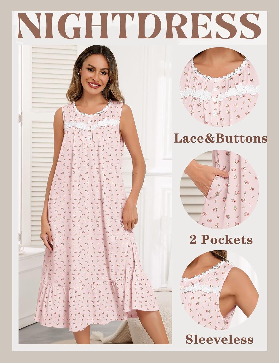 imageSWOMOG Nightgowns for Women Soft Sleeveless Nightdress with Pockets Ruffle Ladies SleepshirtsStyleb Pink Flower