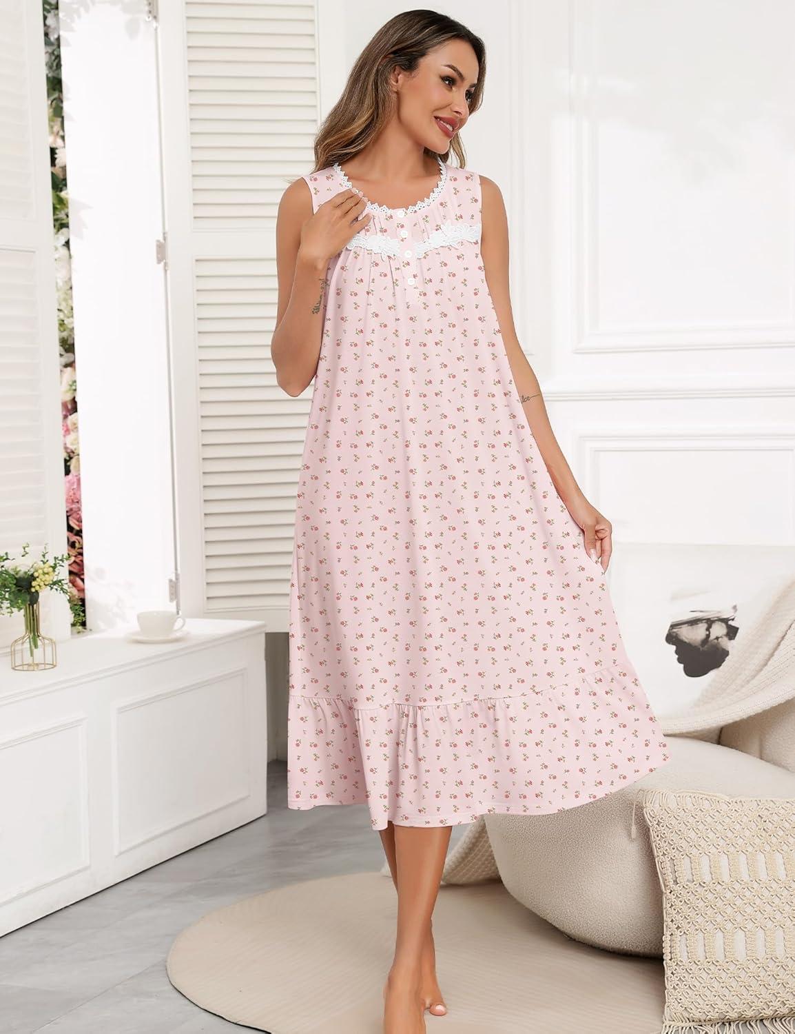 imageSWOMOG Nightgowns for Women Soft Sleeveless Nightdress with Pockets Ruffle Ladies SleepshirtsStyleb Pink Flower